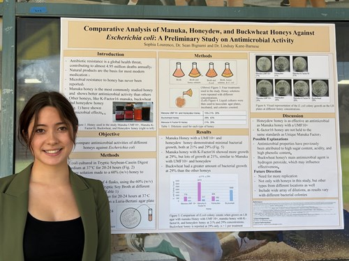 Sophia Lourenco, sophomore Biology major, researched antimicrobial properties compared in different honeys against E. coli.